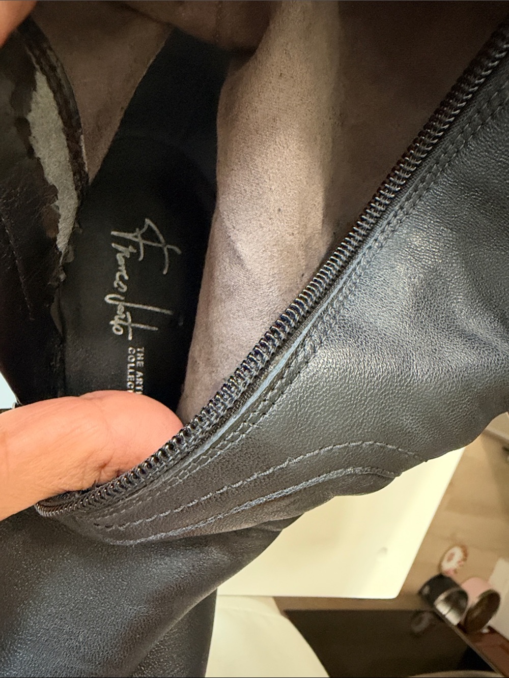 Women's Black Leather Knee-High Wedge Boots - Picture 15 of 15